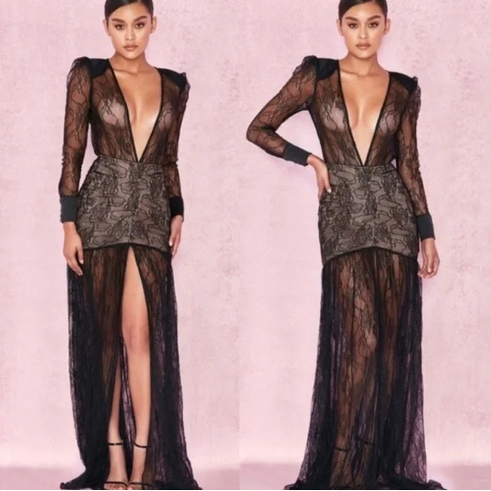 HOUSE of CB Griffe Black Lace Super Plunge Maxi Dress Sheer Black Dark Fairy - Picture 1 of 11